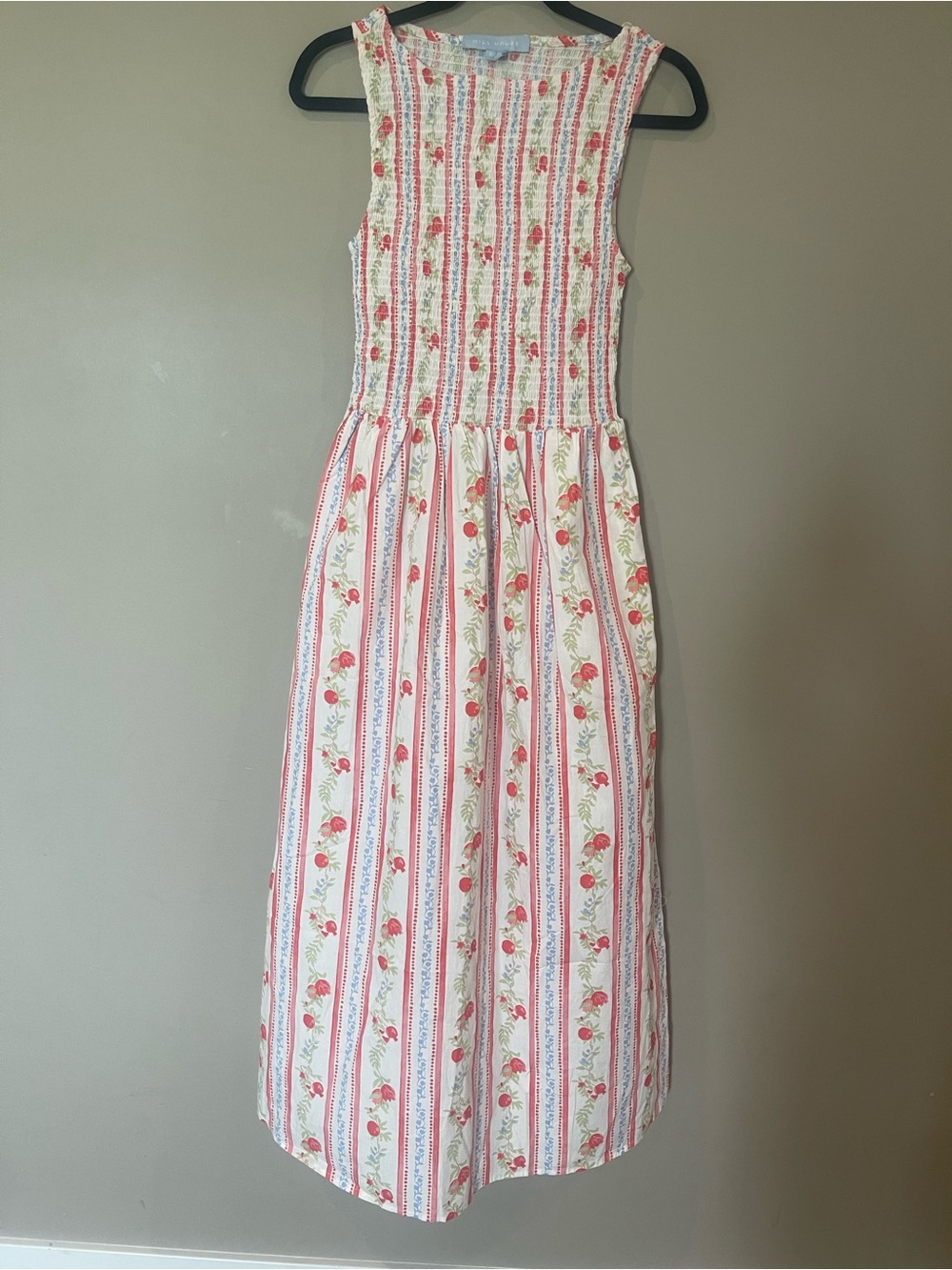 Hill House Sleeveless Smocked Maxi Dress in White and Pink Floral Stripe